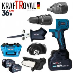 5 σε 1 KRAFT ROYAL  επαναφορτιζομενο Εργαλείο 5 Κεφαλών 36V 8.0AH  Δραπανοκατσαβιδο - Μπουλονοκλειδο - Σπαθοπριονο - Αλυσοπριονο κλαδεματος και Γωνιακός Τροχος