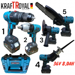5 σε 1 KRAFT ROYAL  επαναφορτιζομενο Εργαλείο 5 Κεφαλών 36V 8.0AH  Δραπανοκατσαβιδο - Μπουλονοκλειδο - Σπαθοπριονο - Αλυσοπριονο κλαδεματος και Γωνιακός Τροχος