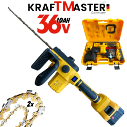 Αλυσοπρίονο μπαταριας  KRAFTMASTER 36V 10AH 30cm  με 2 Μπαταρίες (Αυτόματη Λίπανση) με Οθόνη Μπλε και Κίτρινο