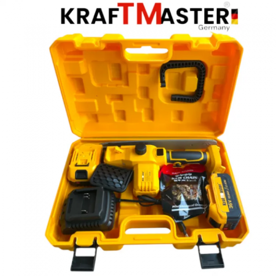 Αλυσοπρίονο μπαταριας  KRAFTMASTER 36V 10AH 30cm  με 2 Μπαταρίες (Αυτόματη Λίπανση) με Οθόνη Μπλε και Κίτρινο