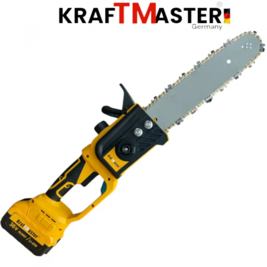 Αλυσοπρίονο μπαταριας  KRAFTMASTER 36V 10AH 30cm  με 2 Μπαταρίες (Αυτόματη Λίπανση) με Οθόνη Μπλε και Κίτρινο